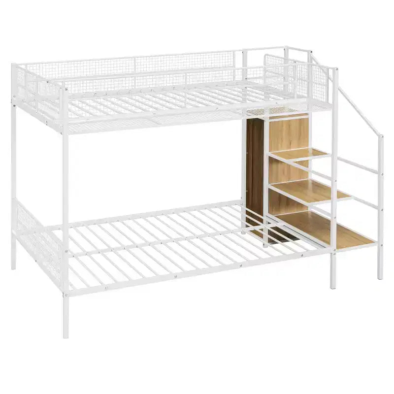 Twin over Full Size Metal Bunk Bed with Storage Staircase, Heavy Duty Steel Bed Frame with Shelving and Open Wardrobe for Teens Adults