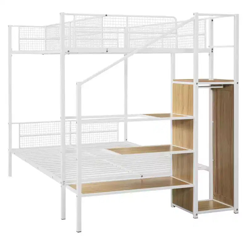 Twin over Full Size Metal Bunk Bed with Storage Staircase, Heavy Duty Steel Bed Frame with Shelving and Open Wardrobe for Teens Adults