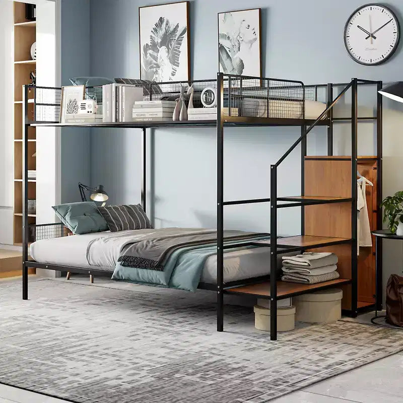 Twin over Full Size Metal Bunk Bed with Storage Staircase, Heavy Duty Steel Bed Frame with Shelving and Open Wardrobe for Teens Adults