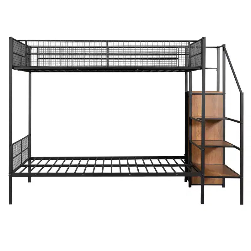 Twin over Full Size Metal Bunk Bed with Storage Staircase, Heavy Duty Steel Bed Frame with Shelving and Open Wardrobe for Teens Adults