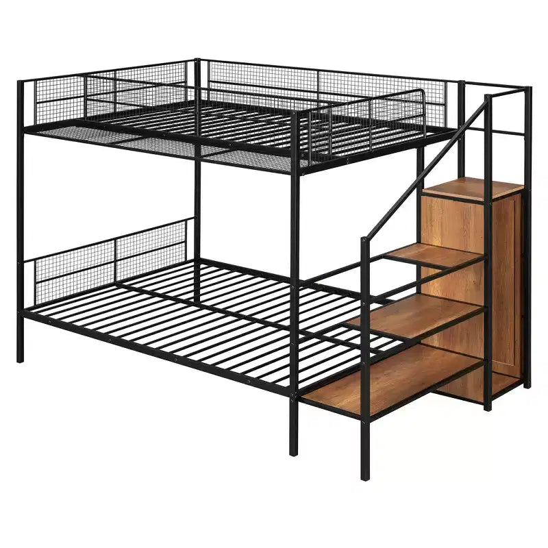 Twin over Full Size Metal Bunk Bed with Storage Staircase, Heavy Duty Steel Bed Frame with Shelving and Open Wardrobe for Teens Adults