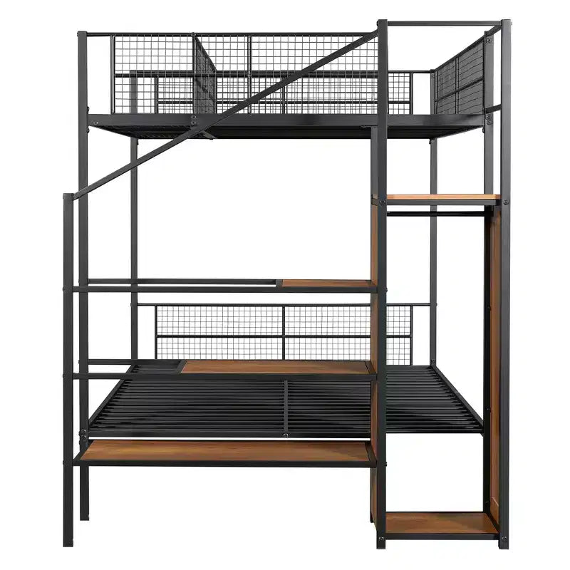 Twin over Full Size Metal Bunk Bed with Storage Staircase, Heavy Duty Steel Bed Frame with Shelving and Open Wardrobe for Teens Adults