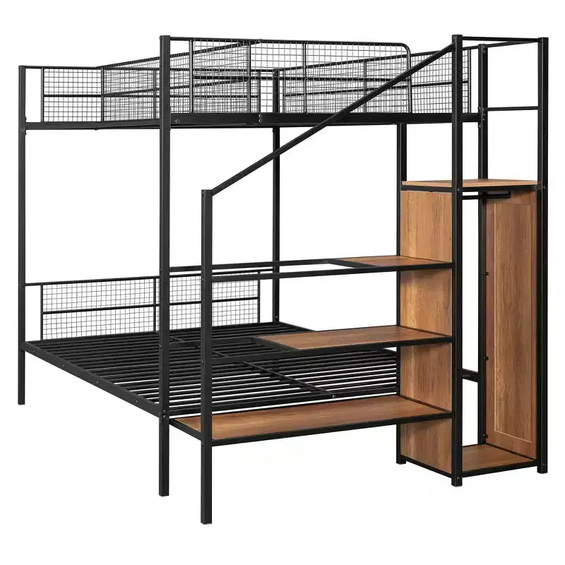 Twin over Full Size Metal Bunk Bed with Storage Staircase, Heavy Duty Steel Bed Frame with Shelving and Open Wardrobe for Teens Adults
