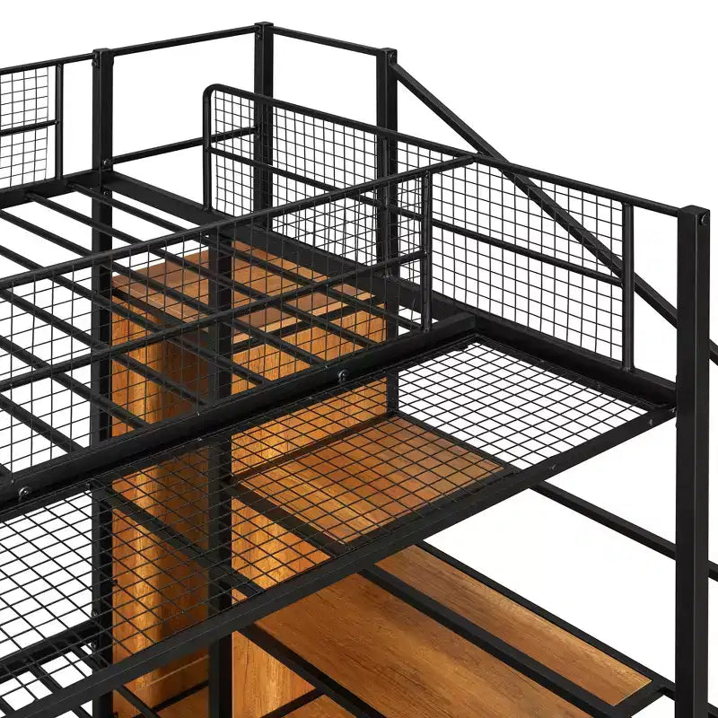 Twin over Full Size Metal Bunk Bed with Storage Staircase, Heavy Duty Steel Bed Frame with Shelving and Open Wardrobe for Teens Adults