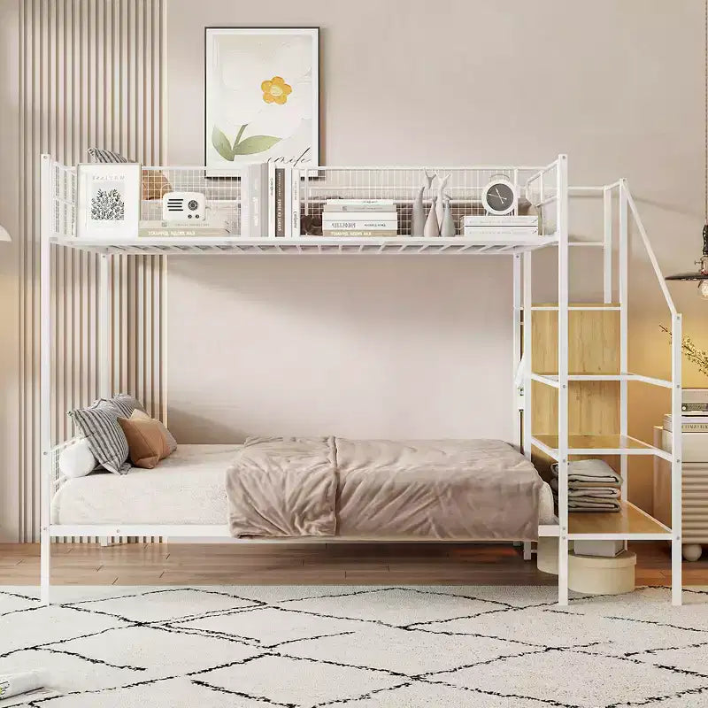 Twin over Full Size Metal Bunk Bed with Storage Staircase, Heavy Duty Steel Bed Frame with Shelving and Open Wardrobe for Teens Adults
