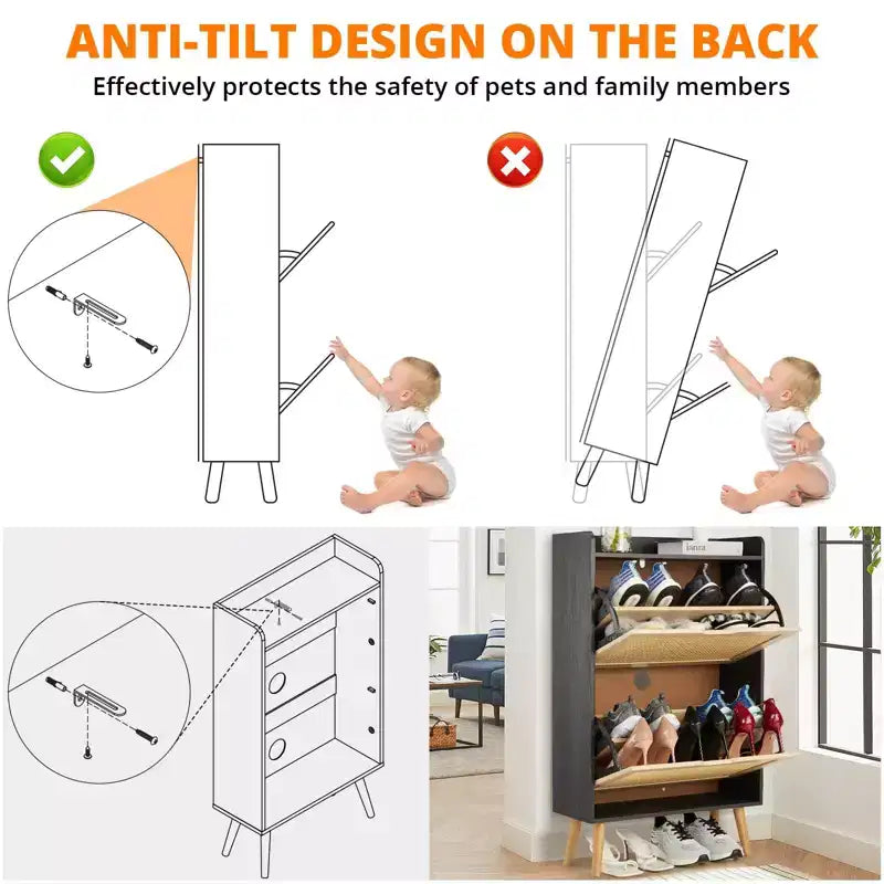 Shoe Storage Cabinet with Flip-Drawers - Ventilated & Odor-Resistant Organizer for 15-20 Pairs of Shoes, Anti-Tip Shoe Cabinet