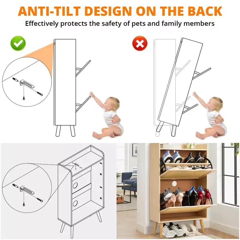 Shoe Storage Cabinet with Flip-Drawers - Ventilated & Odor-Resistant Organizer for 15-20 Pairs of Shoes, Anti-Tip Shoe Cabinet