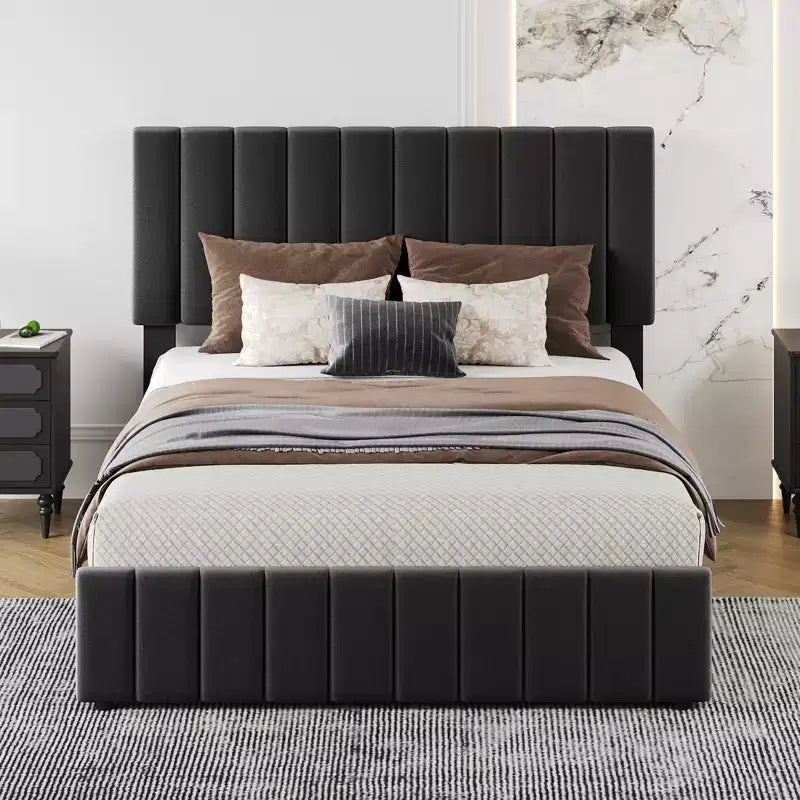 King Size Bed Frame with Upholstered, Platform Bed Frame with Storage Drawers, Adjustable Height Headboard, Easy to Assemble