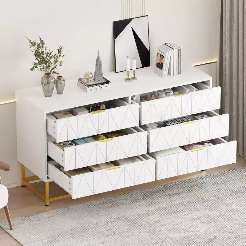 Wood Dresser for Bedroom, Wide Chest of Drawers with 6 Drawer, Large Storage Tower Unit, Closet Store Organizer for Living Room, Hallway