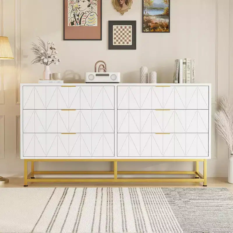 Wood Dresser for Bedroom, Wide Chest of Drawers with 6 Drawer, Large Storage Tower Unit, Closet Store Organizer for Living Room, Hallway