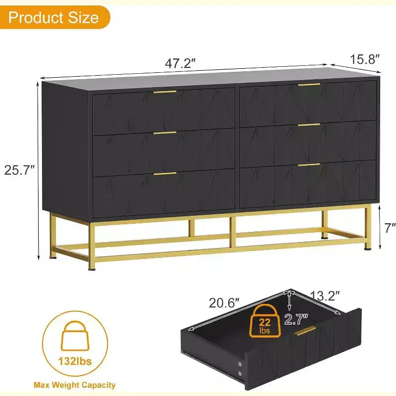 Wood Dresser for Bedroom, Wide Chest of Drawers with 6 Drawer, Large Storage Tower Unit, Closet Store Organizer for Living Room, Hallway