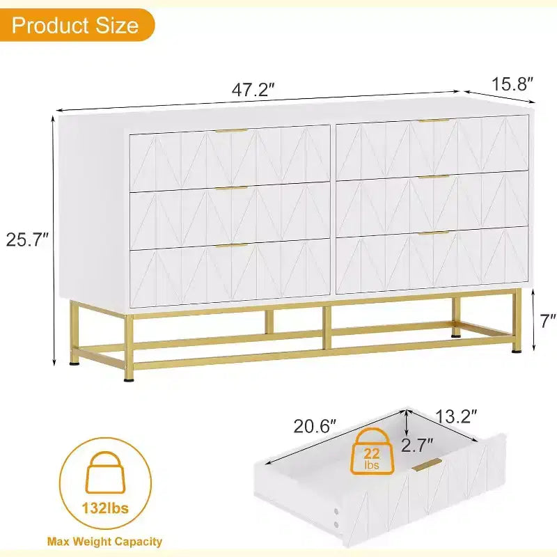 Wood Dresser for Bedroom, Wide Chest of Drawers with 6 Drawer, Large Storage Tower Unit, Closet Store Organizer for Living Room, Hallway