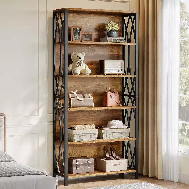 70.87 Industrial Bookshelf, 6-Tier Bookcase with Geometric Metal Frame & Open Storage Shelves for Home Office, Living Room, Brown