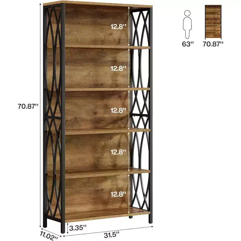 70.87 Industrial Bookshelf, 6-Tier Bookcase with Geometric Metal Frame & Open Storage Shelves for Home Office, Living Room, Brown