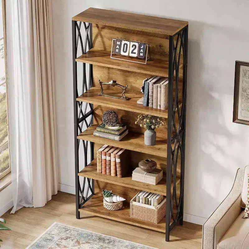 70.87 Industrial Bookshelf, 6-Tier Bookcase with Geometric Metal Frame & Open Storage Shelves for Home Office, Living Room, Brown