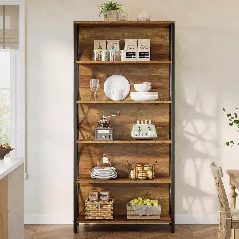 70.87 Industrial Bookshelf, 6-Tier Bookcase with Geometric Metal Frame & Open Storage Shelves for Home Office, Living Room, Brown