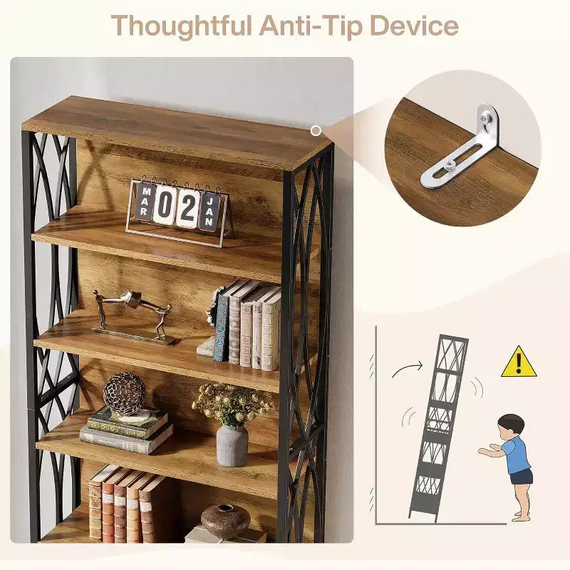 70.87 Industrial Bookshelf, 6-Tier Bookcase with Geometric Metal Frame & Open Storage Shelves for Home Office, Living Room, Brown