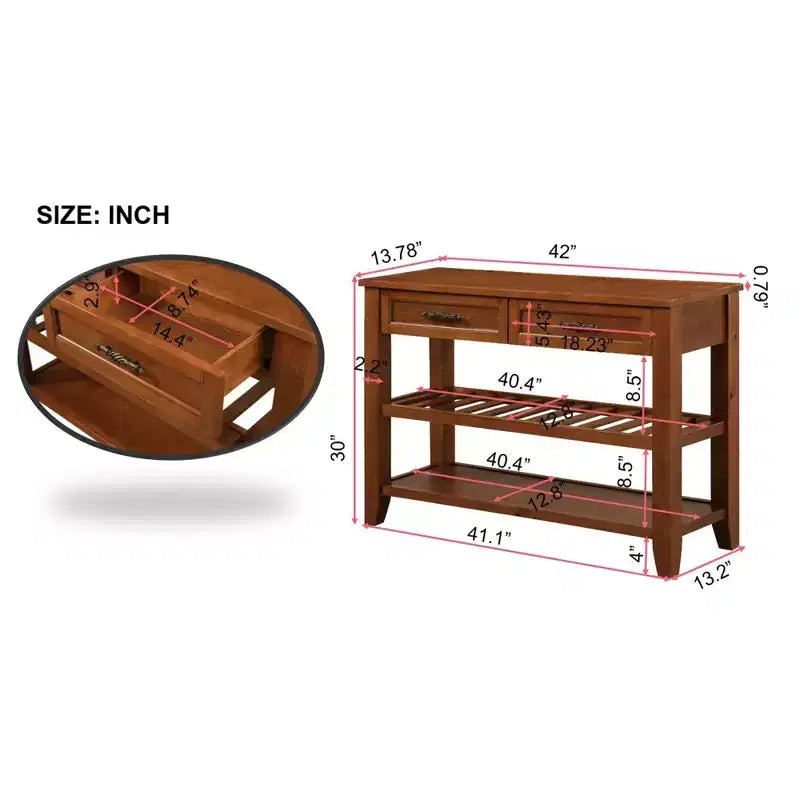 42'' Console Table with 2 Storage Drawers and 2 Tiers Shelves for Living and Dining Room, Brown