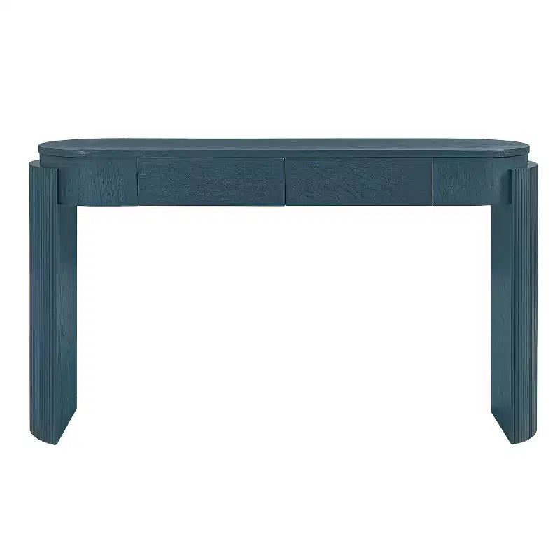 Console Table with Natural Wood Grain Finish, Oval Top and 2 Drawers for Entryway and Living Room, Navy