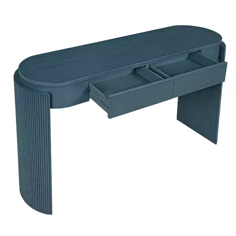 Console Table with Natural Wood Grain Finish, Oval Top and 2 Drawers for Entryway and Living Room, Navy
