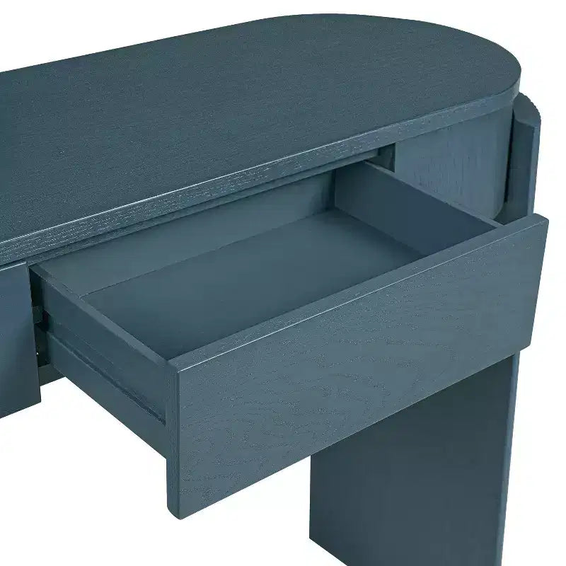 Console Table with Natural Wood Grain Finish, Oval Top and 2 Drawers for Entryway and Living Room, Navy