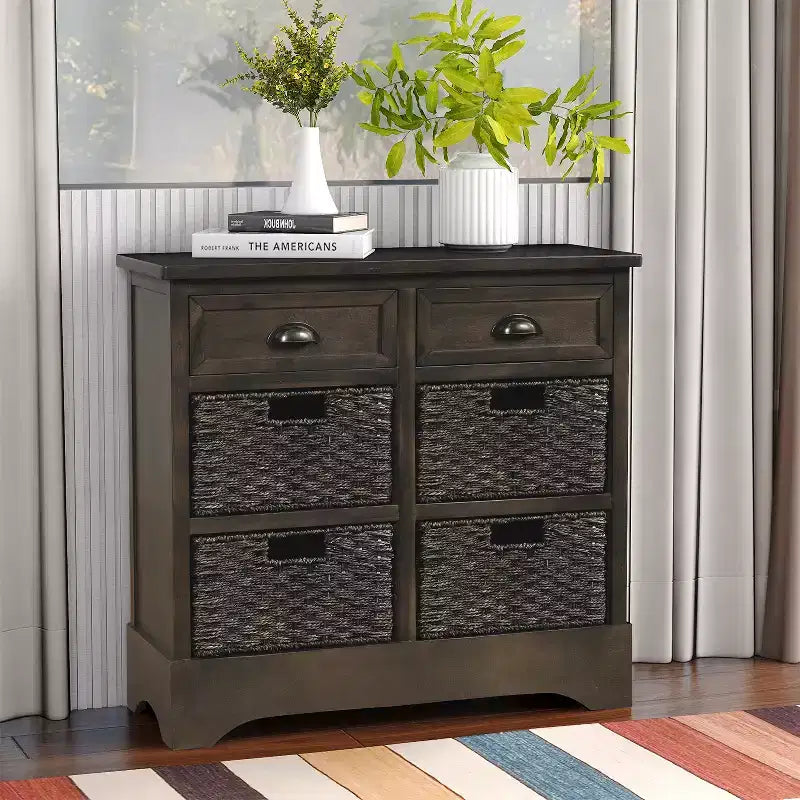 Solid Wood Storage Cabinet with Drawers and Rattan Baskets