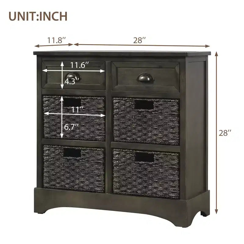 Solid Wood Storage Cabinet with Drawers and Rattan Baskets