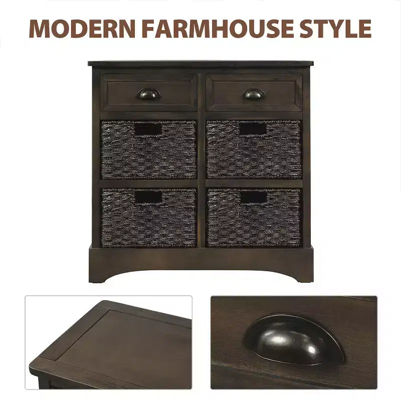 Solid Wood Storage Cabinet with Drawers and Rattan Baskets