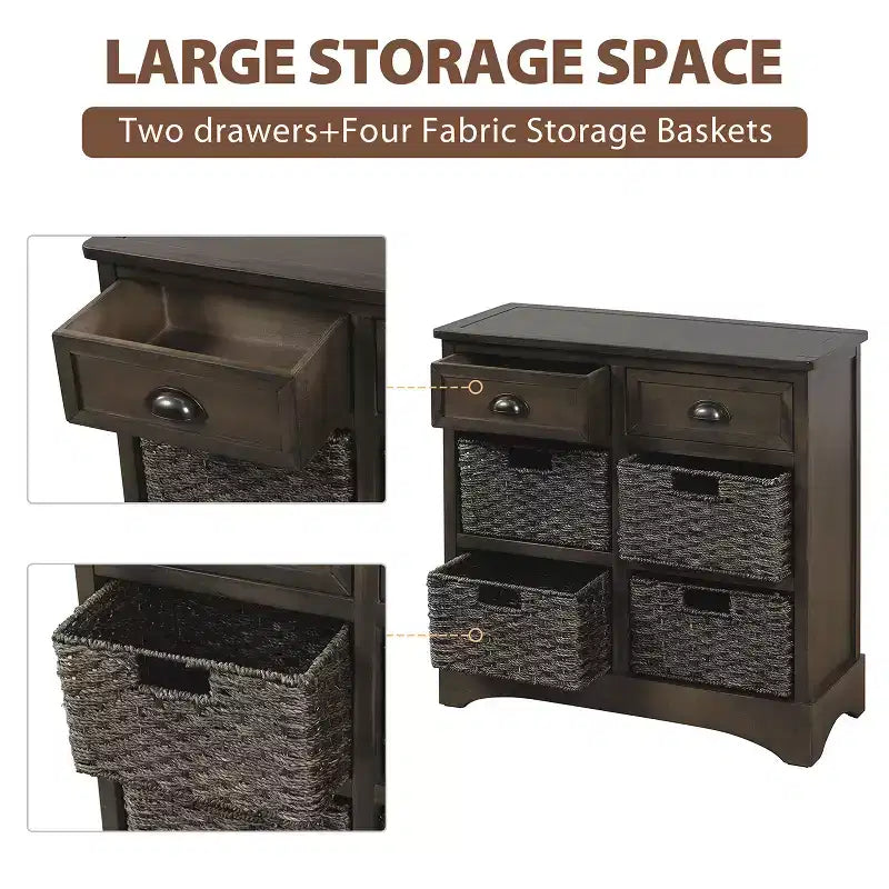 Solid Wood Storage Cabinet with Drawers and Rattan Baskets