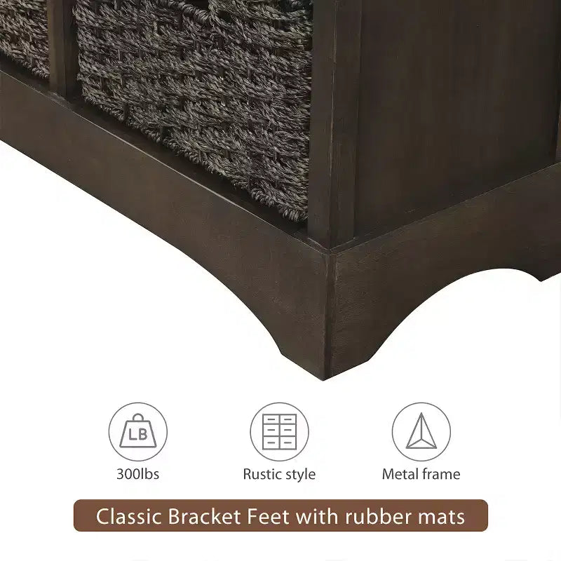 Solid Wood Storage Cabinet with Drawers and Rattan Baskets