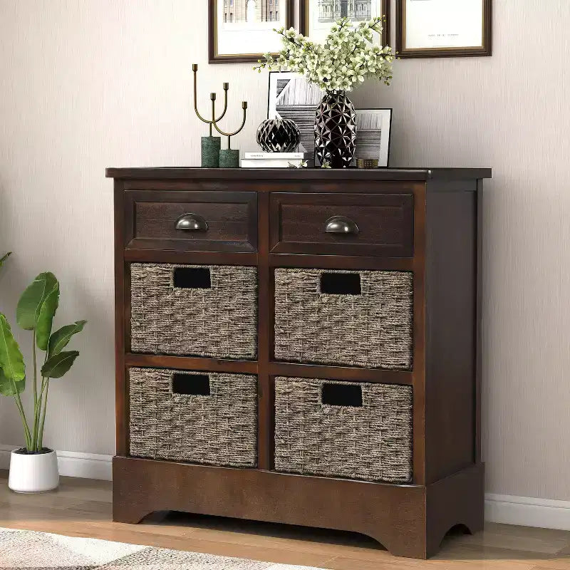 Solid Wood Storage Cabinet with Drawers and Rattan Baskets