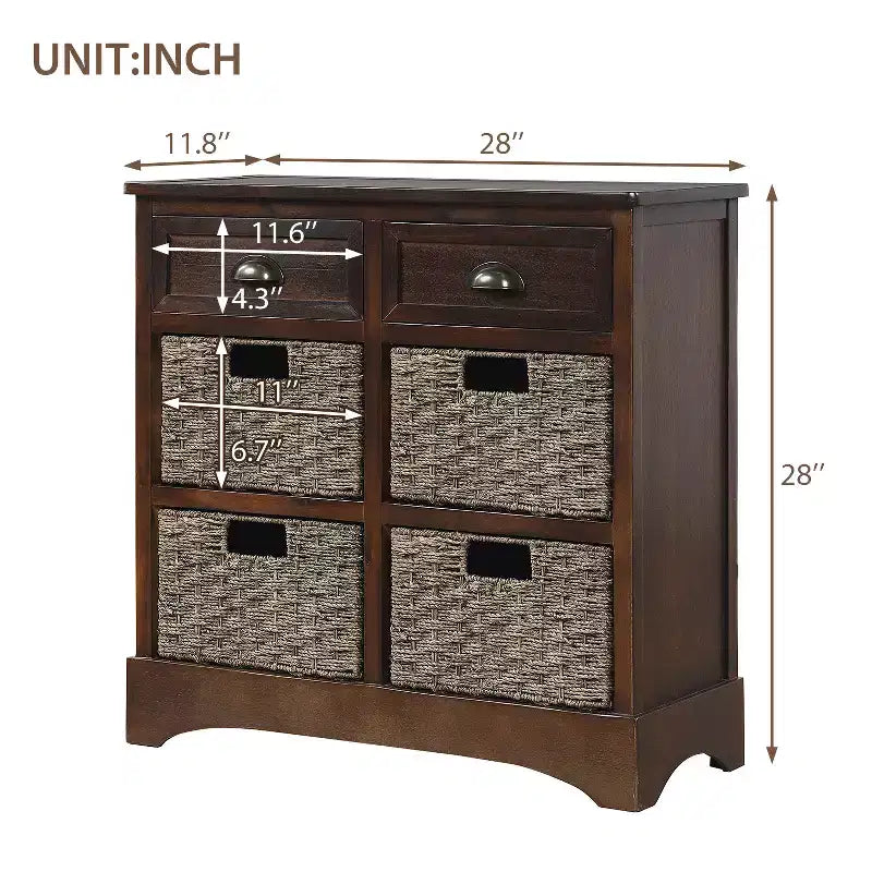Solid Wood Storage Cabinet with Drawers and Rattan Baskets