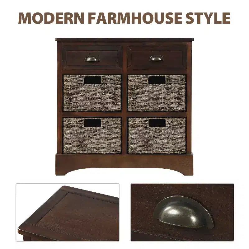 Solid Wood Storage Cabinet with Drawers and Rattan Baskets