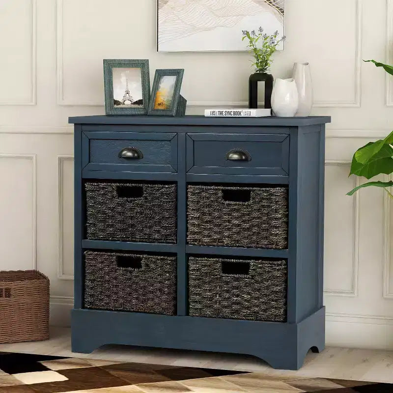Solid Wood Storage Cabinet with Drawers and Rattan Baskets