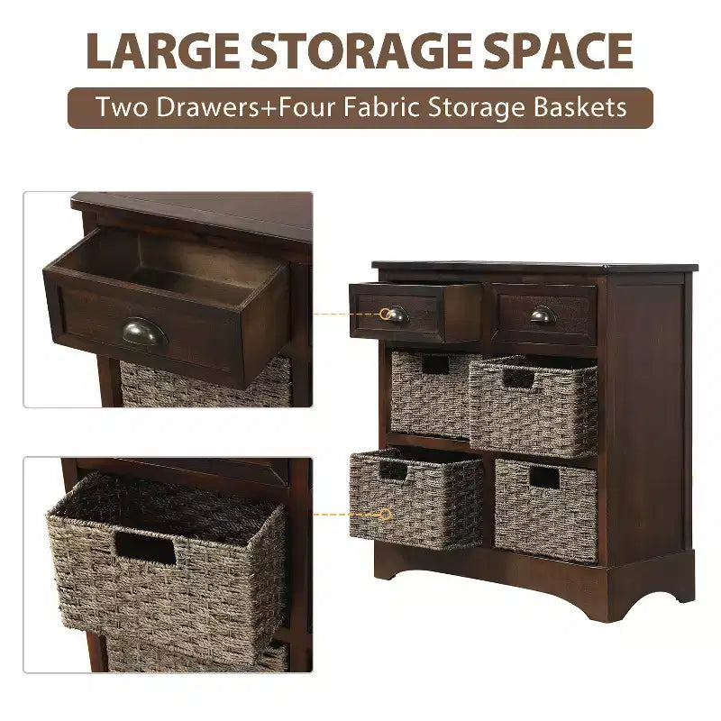 Solid Wood Storage Cabinet with Drawers and Rattan Baskets
