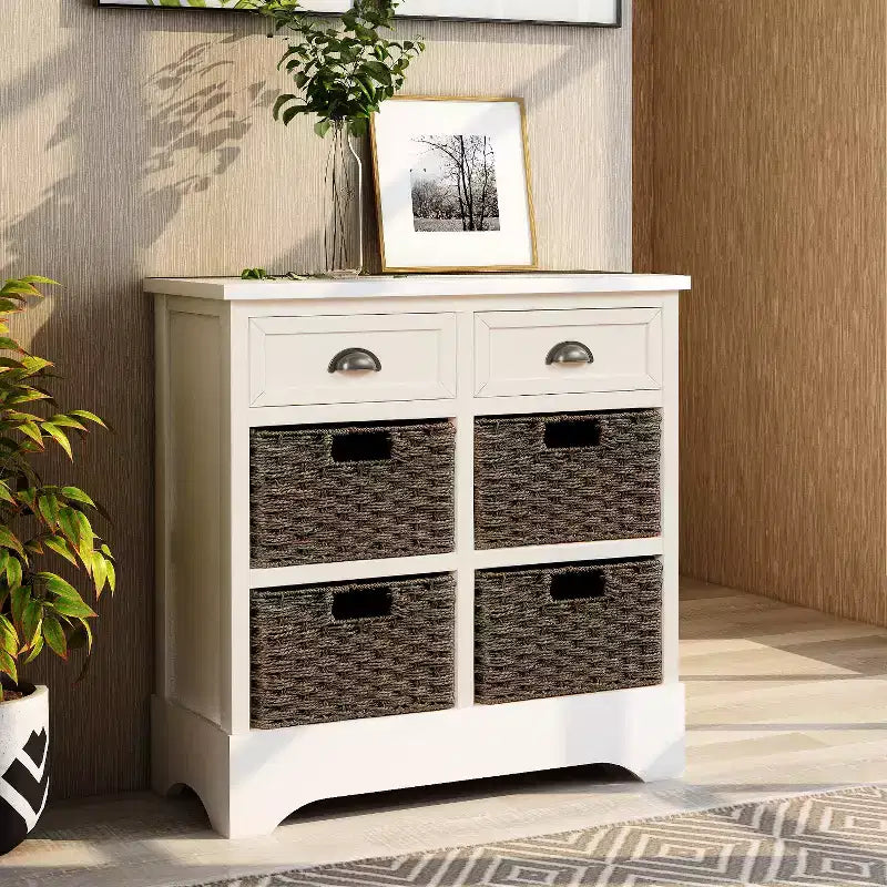 Solid Wood Storage Cabinet with Drawers and Rattan Baskets