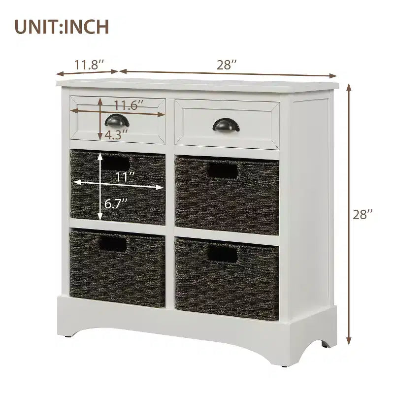 Solid Wood Storage Cabinet with Drawers and Rattan Baskets