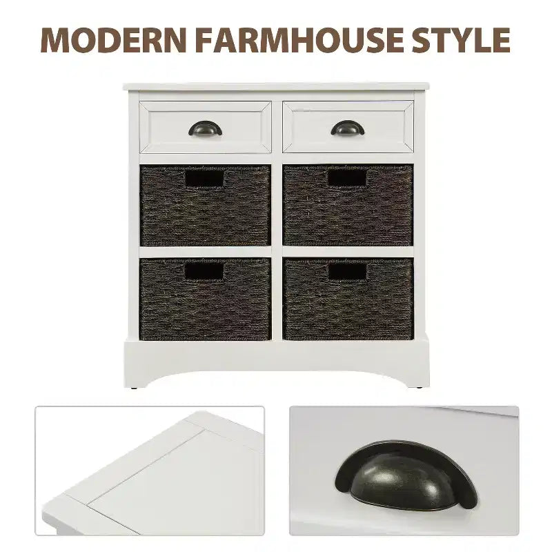 Solid Wood Storage Cabinet with Drawers and Rattan Baskets