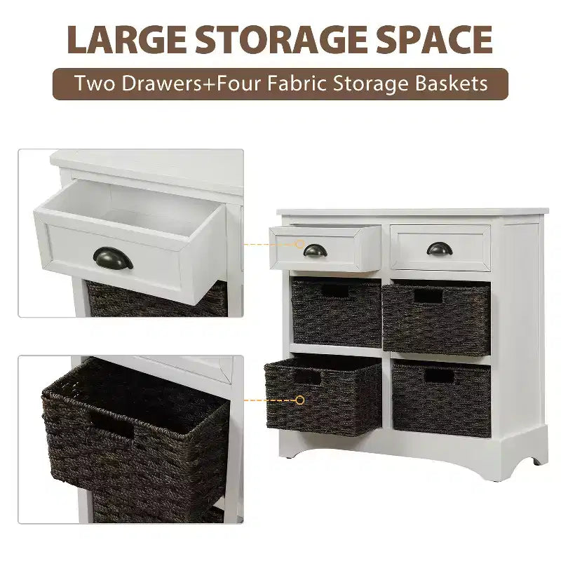 Solid Wood Storage Cabinet with Drawers and Rattan Baskets