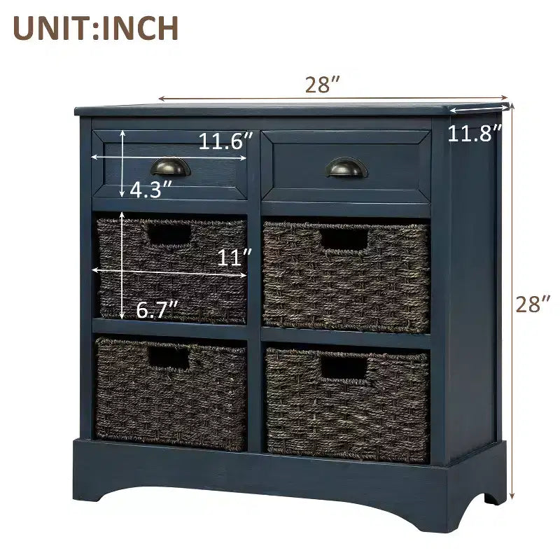 Solid Wood Storage Cabinet with Drawers and Rattan Baskets