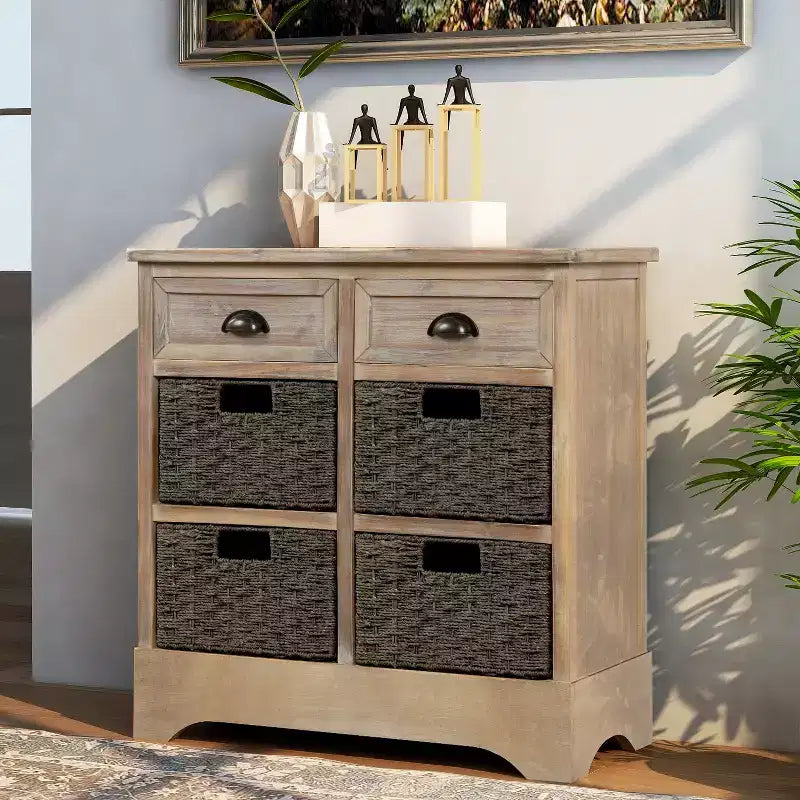 Solid Wood Storage Cabinet with Drawers and Rattan Baskets