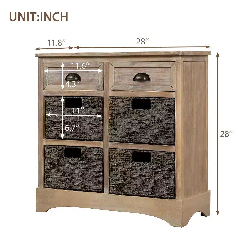 Solid Wood Storage Cabinet with Drawers and Rattan Baskets