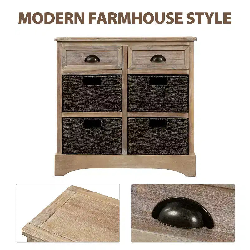 Solid Wood Storage Cabinet with Drawers and Rattan Baskets