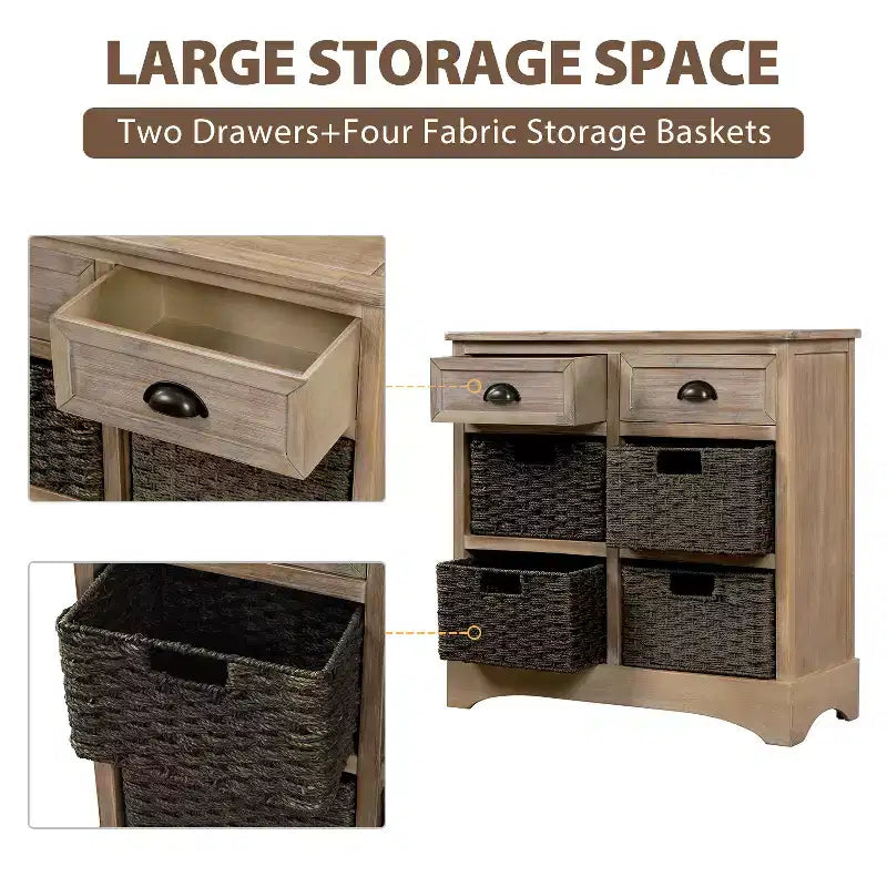 Solid Wood Storage Cabinet with Drawers and Rattan Baskets