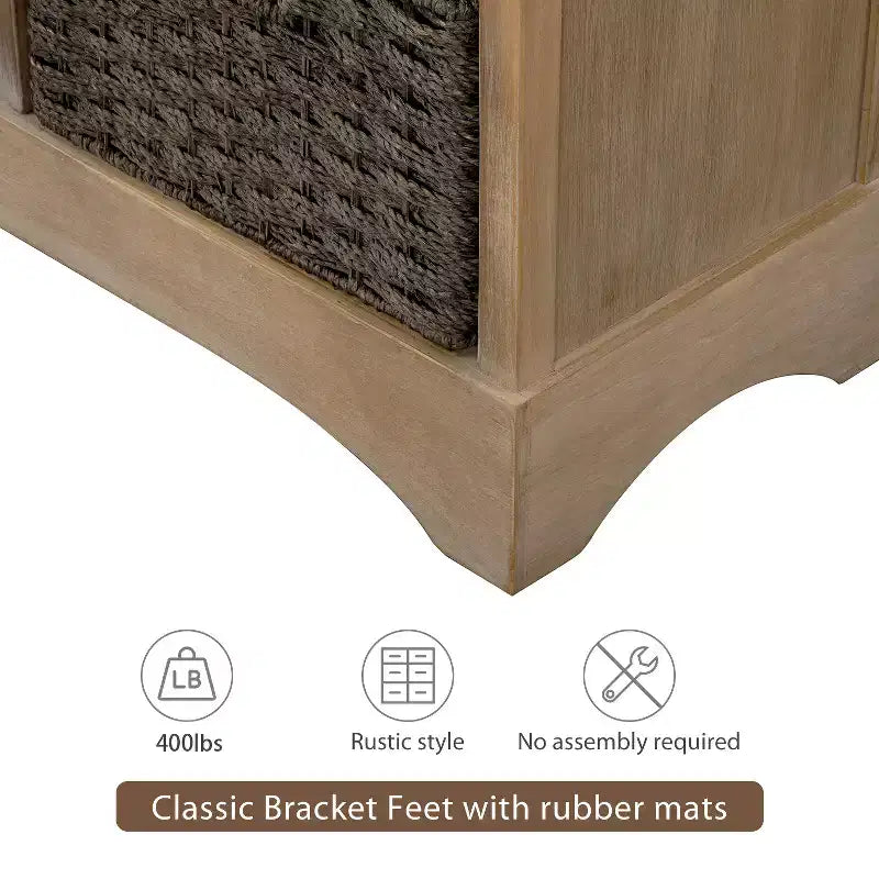 Solid Wood Storage Cabinet with Drawers and Rattan Baskets