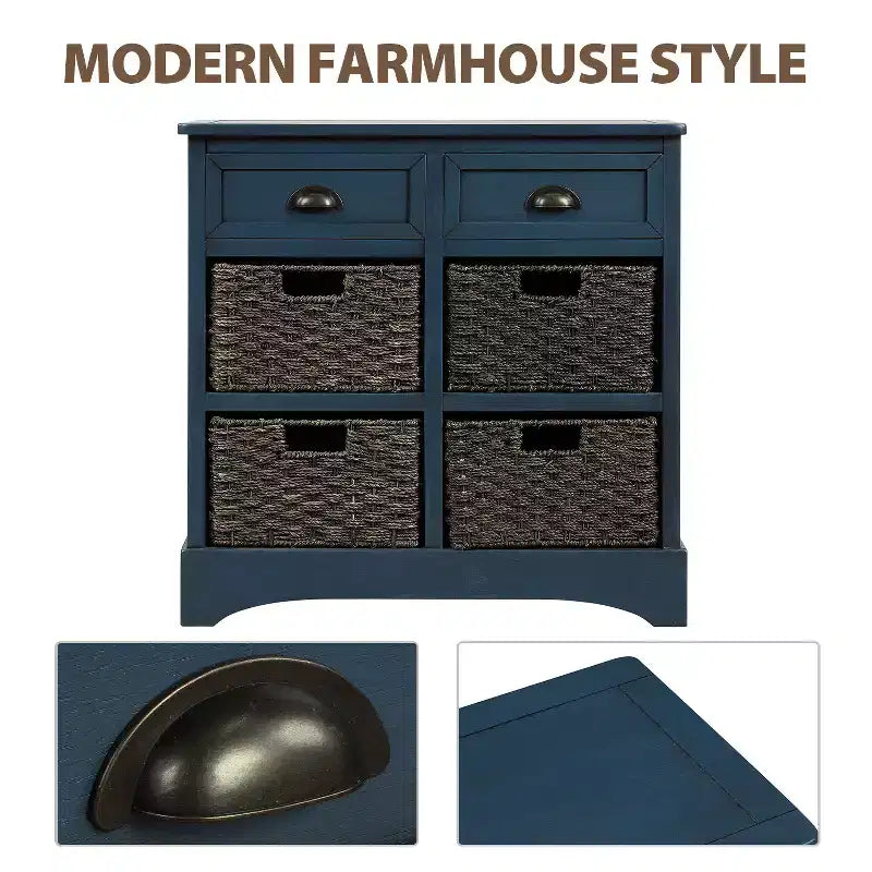 Solid Wood Storage Cabinet with Drawers and Rattan Baskets