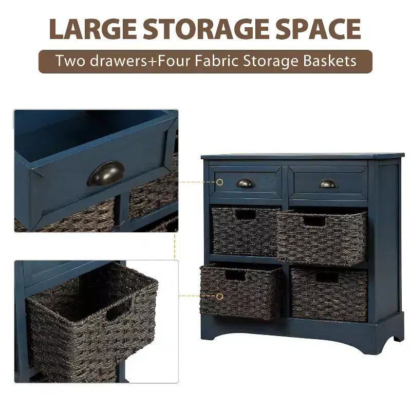 Solid Wood Storage Cabinet with Drawers and Rattan Baskets