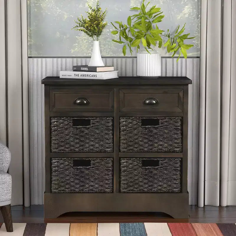 Solid Wood Storage Cabinet with Drawers and Rattan Baskets