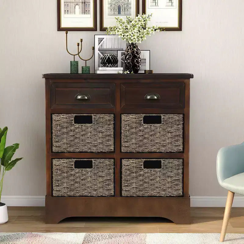 Solid Wood Storage Cabinet with Drawers and Rattan Baskets