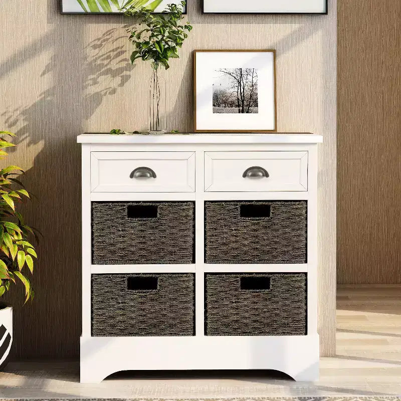 Solid Wood Storage Cabinet with Drawers and Rattan Baskets